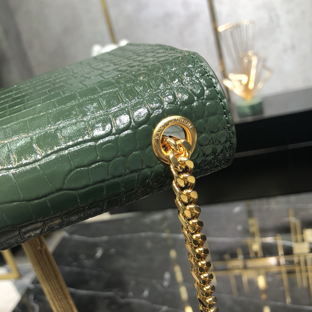 Saint Laurent Kate Tassel Small Crocodile Embossed Calfskin Shoulder Bag Handbag Army Green 474366 Gold